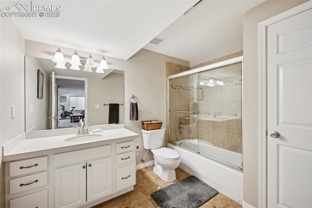 full bath with vanity, tile patterned flooring, toilet, baseboards, and bath / shower combo with glass door