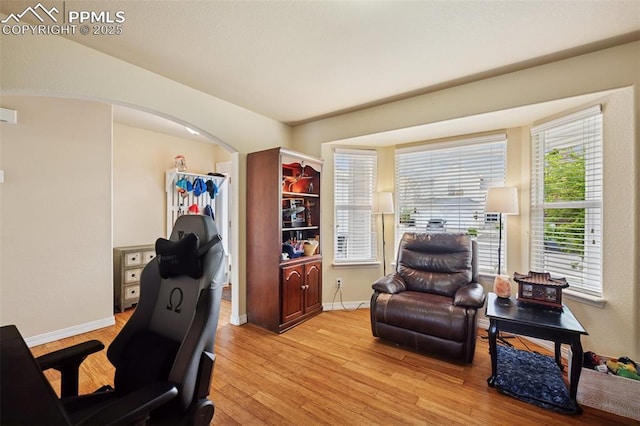 office area featuring baseboards, light wood finished floors, and arched walkways
