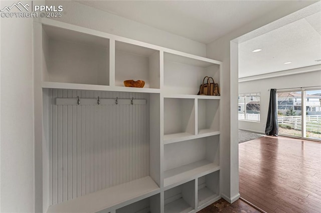 mudroom featuring dark wood-style floors and built in features