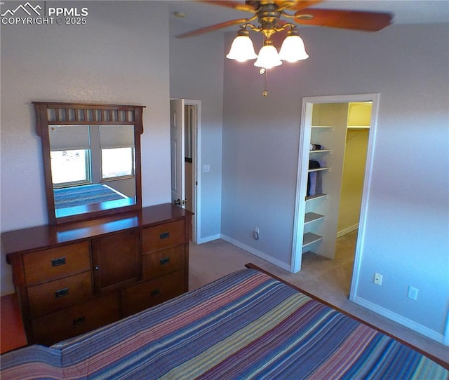 bedroom featuring ceiling fan, a walk in closet, carpet floors, baseboards, and a closet