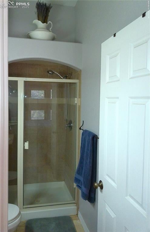 bathroom with toilet and a shower stall