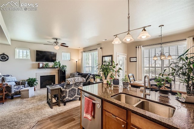 4338 Alder Springs Vw, Colorado Springs, CO 80922 - kitchen with stainless steel dishwasher, a sink, brown cabinetry, open floor plan, and dark wood-style floors