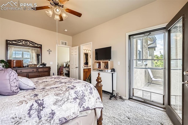 4338 Alder Springs Vw, Colorado Springs, CO 80922 - bedroom with access to outside, carpet floors, a ceiling fan, and ensuite bath