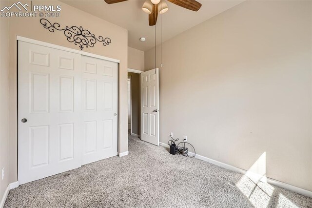 4338 Alder Springs Vw, Colorado Springs, CO 80922 - unfurnished bedroom featuring carpet, baseboards, a closet, and a ceiling fan