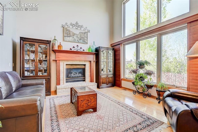 620 Coveglen Ct, Colorado Springs, CO 80906 - living area featuring wood finished floors, a high ceiling, and a fireplace