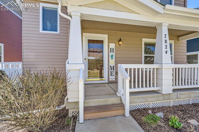 7824 Bengali Ln, Colorado Springs, CO 80923 - doorway to property with covered porch and board and batten siding