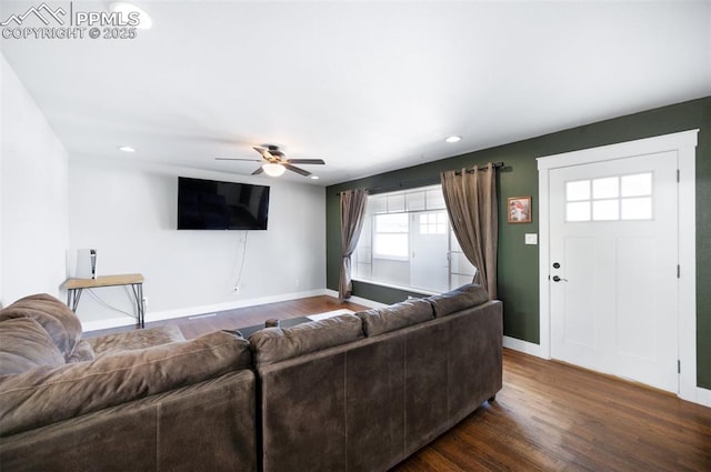 208 Davie Dr, Colorado Springs, CO 80911 - living room with recessed lighting, dark wood finished floors, ceiling fan, and baseboards