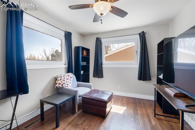 208 Davie Dr, Colorado Springs, CO 80911 - sitting room with a ceiling fan, baseboards, visible vents, and wood finished floors
