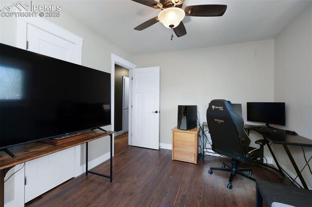208 Davie Dr, Colorado Springs, CO 80911 - office area featuring baseboards, ceiling fan, and wood finished floors