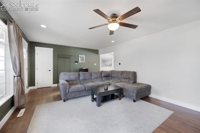 208 Davie Dr, Colorado Springs, CO 80911 - living room with baseboards, ceiling fan, recessed lighting, and wood finished floors