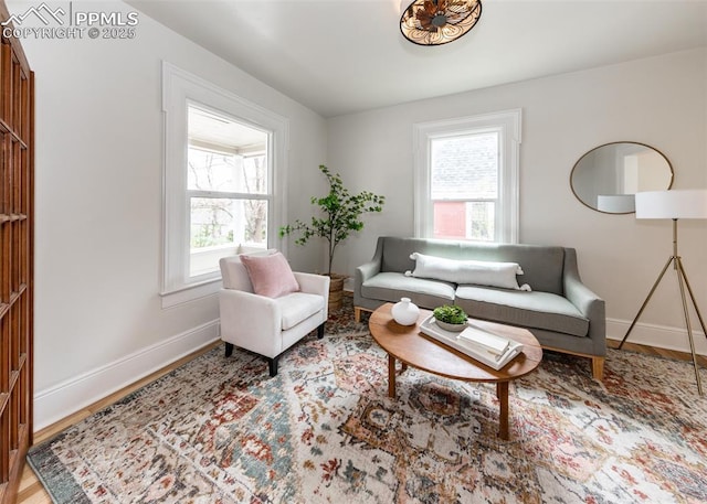 living room with baseboards, plenty of natural light, and wood finished floors