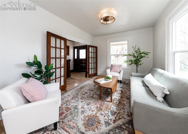 living room featuring baseboards, french doors, and wood finished floors
