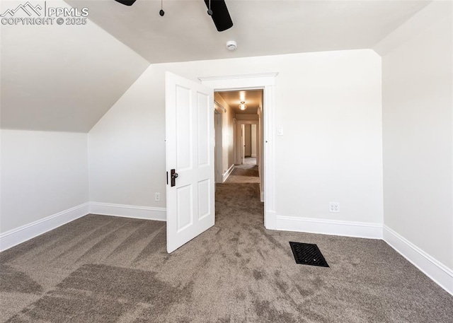 bonus room with carpet flooring, ceiling fan, visible vents, and lofted ceiling