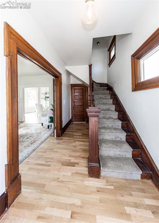 stairs featuring wood finished floors
