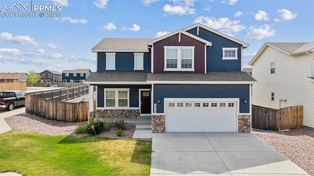7318 Dutch Loop, Colorado Springs, CO 80925 - craftsman inspired home featuring fence, stone siding, a garage, a front yard, and concrete driveway