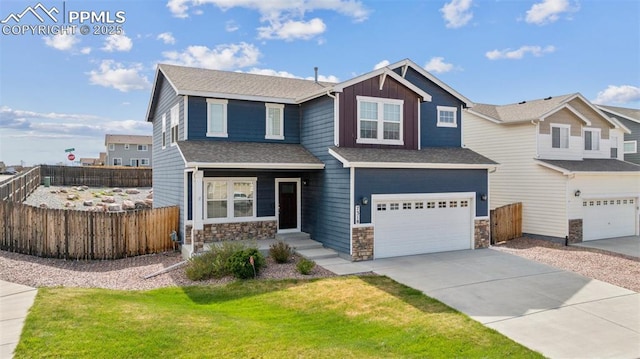 7318 Dutch Loop, Colorado Springs, CO 80925 - craftsman-style house featuring a garage, fence, driveway, and stone siding