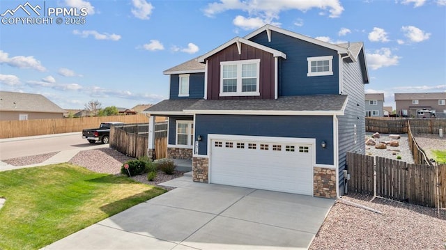 7318 Dutch Loop, Colorado Springs, CO 80925 - craftsman inspired home featuring fence, an attached garage, stone siding, board and batten siding, and concrete driveway