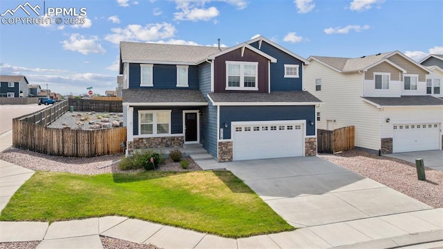 7318 Dutch Loop, Colorado Springs, CO 80925 - craftsman house with fence, stone siding, a garage, a front yard, and concrete driveway