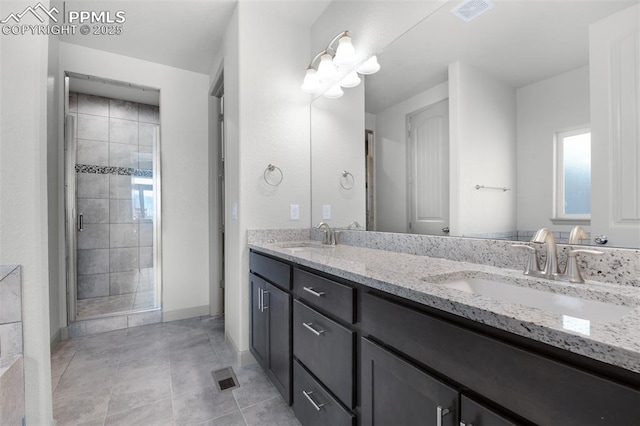 bathroom featuring visible vents, a sink, and a stall shower