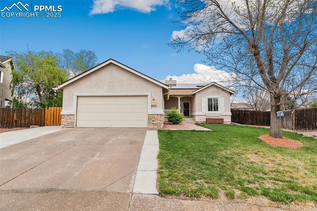ranch-style house featuring stucco siding, stone siding, driveway, and an attached garage