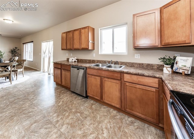 kitchen with a sink, range with electric cooktop, dishwasher, and brown cabinets