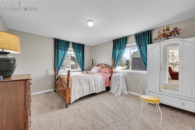 bedroom featuring baseboards, multiple windows, and carpet