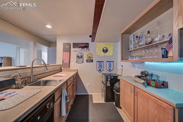 kitchen with a sink, baseboards, light countertops, and dishwasher