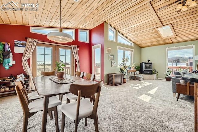 119 Bristlecone Ln, Fairplay, CO 80440 - dining space with carpet flooring, high vaulted ceiling, french doors, and wood ceiling
