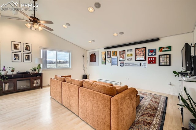 119 Bristlecone Ln, Fairplay, CO 80440 - living area featuring ceiling fan, baseboard heating, light wood-style flooring, recessed lighting, and vaulted ceiling