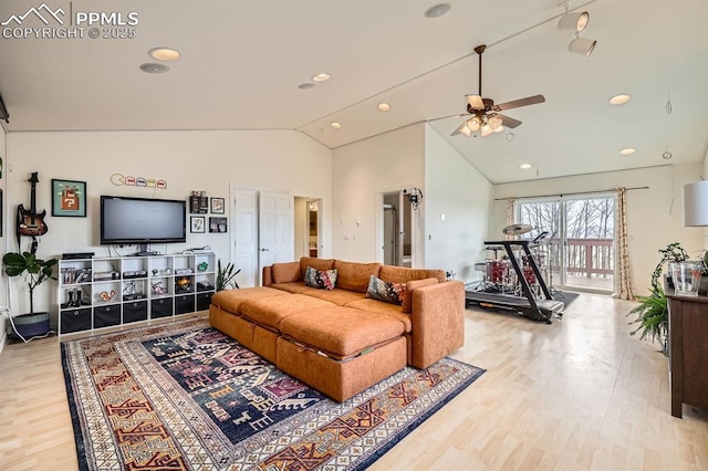 119 Bristlecone Ln, Fairplay, CO 80440 - living room with recessed lighting, ceiling fan, light wood finished floors, and high vaulted ceiling