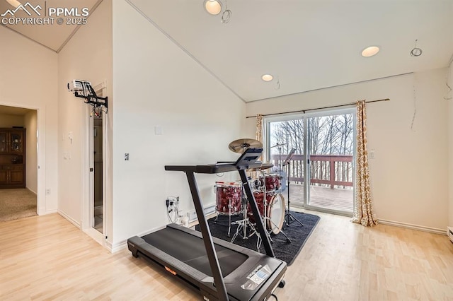 119 Bristlecone Ln, Fairplay, CO 80440 - workout area with recessed lighting, baseboards, light wood-type flooring, and high vaulted ceiling