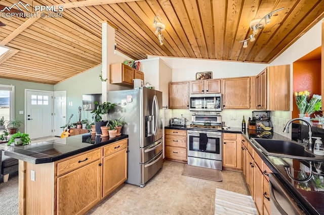 119 Bristlecone Ln, Fairplay, CO 80440 - kitchen with wood ceiling, dark countertops, a sink, lofted ceiling, and stainless steel appliances
