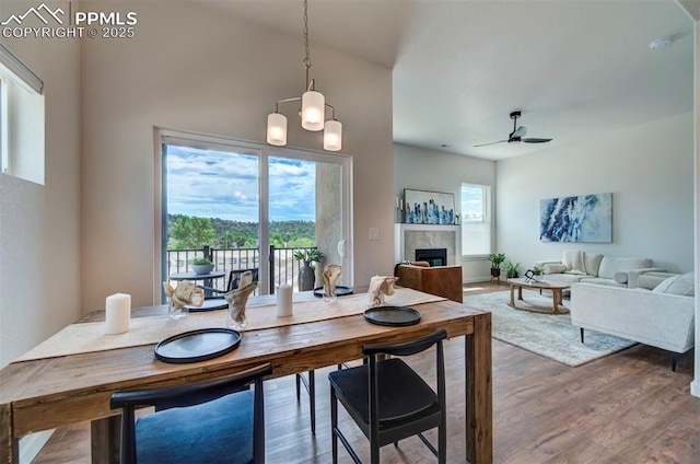 dining space featuring a fireplace, a ceiling fan, and wood finished floors