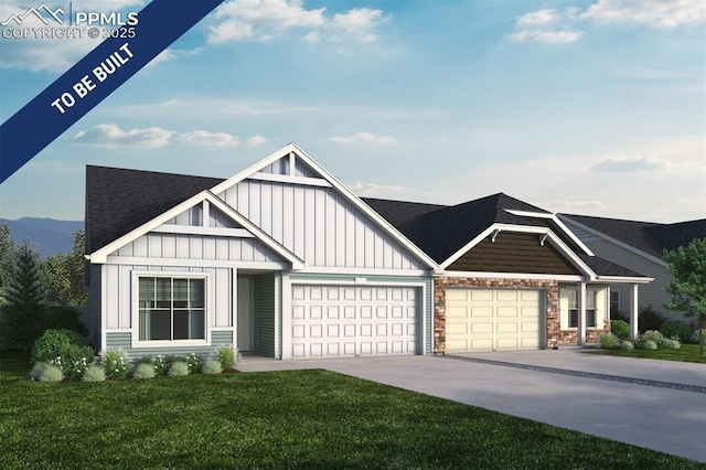 view of front of property featuring roof with shingles, a front lawn, a garage, board and batten siding, and driveway