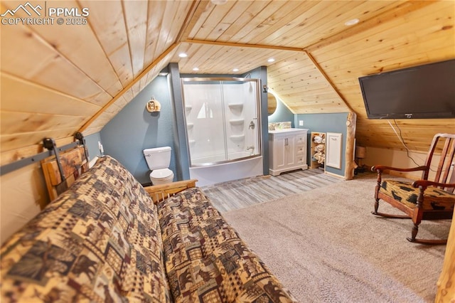 bedroom with wooden ceiling, recessed lighting, and lofted ceiling