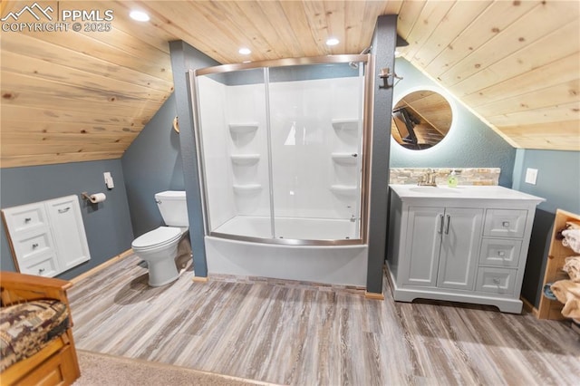 full bathroom featuring wooden ceiling, toilet, wood finished floors, and lofted ceiling