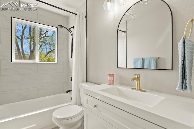 full bathroom featuring vanity, toilet, and shower / tub combo with curtain