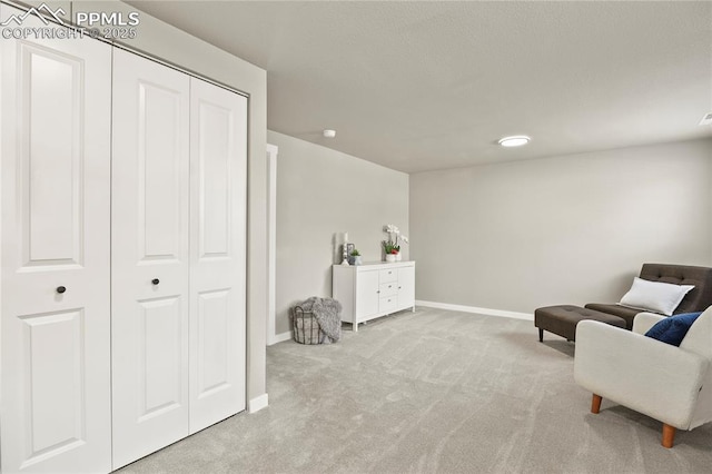 living area featuring baseboards and carpet