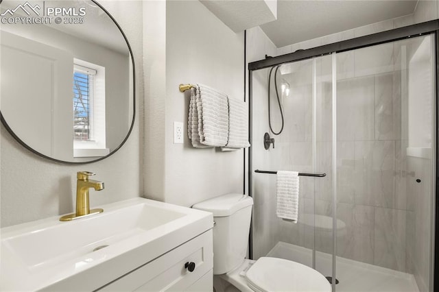bathroom with vanity, a stall shower, and toilet