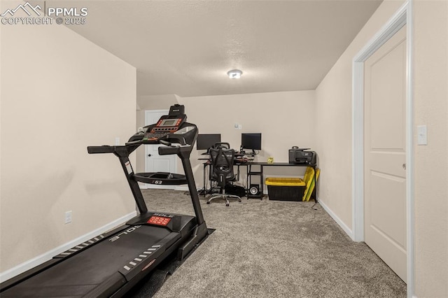 workout area featuring carpet flooring and baseboards