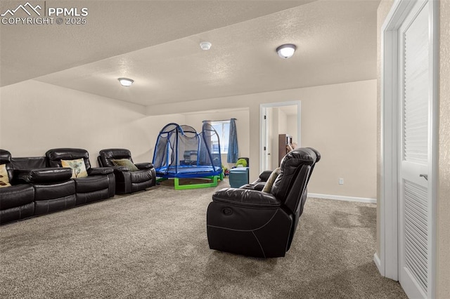 home theater room with carpet flooring, a textured ceiling, and baseboards