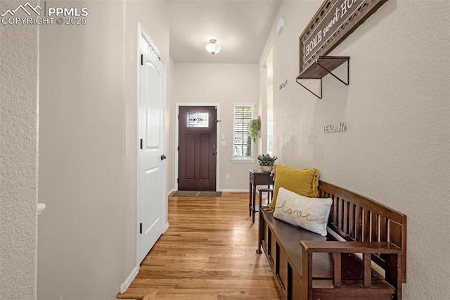 doorway to outside with light wood-style floors and baseboards