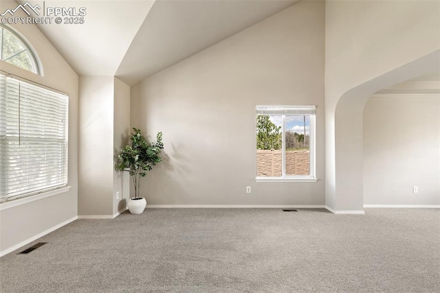 7665 Calloway Ct, Colorado Springs, CO 80919 - empty room with vaulted ceiling, carpet, arched walkways, and healthy amount of natural light