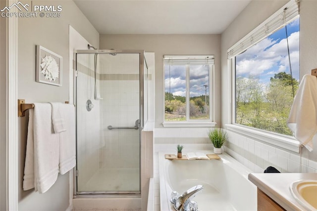7665 Calloway Ct, Colorado Springs, CO 80919 - full bath featuring healthy amount of natural light, a garden tub, a stall shower, and vanity