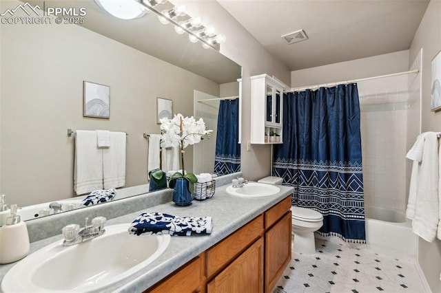 7665 Calloway Ct, Colorado Springs, CO 80919 - bathroom with toilet, shower / bathtub combination with curtain, and double vanity