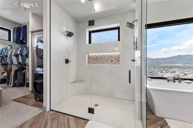 full bathroom featuring a walk in closet, a shower stall, a mountain view, and wood finished floors