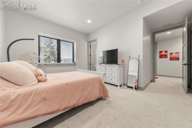 bedroom featuring recessed lighting, baseboards, visible vents, and light carpet