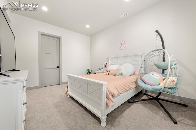 bedroom featuring recessed lighting, baseboards, visible vents, and light carpet