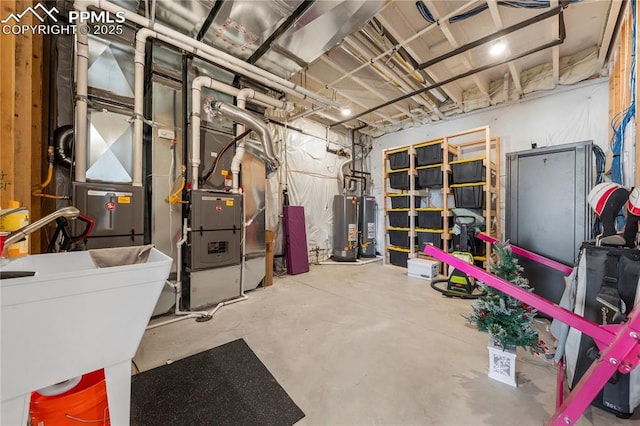 unfinished basement with a sink and gas water heater