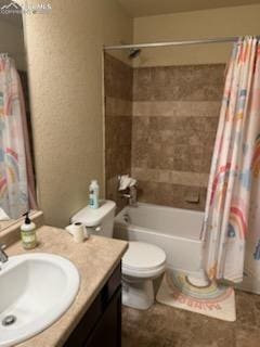 6290 Pilgrimage Rd, Colorado Springs, CO 80925 - bathroom featuring toilet, vanity, and shower / bath combination with curtain